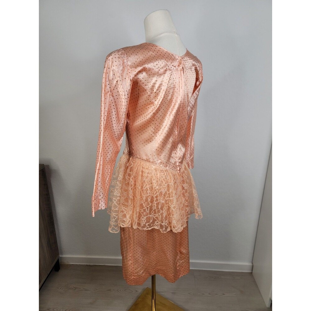 Vintage Homemade Homecoming Mid 80s Party Dress Peach Lace Sheath Peplum S - Picture 8 of 17